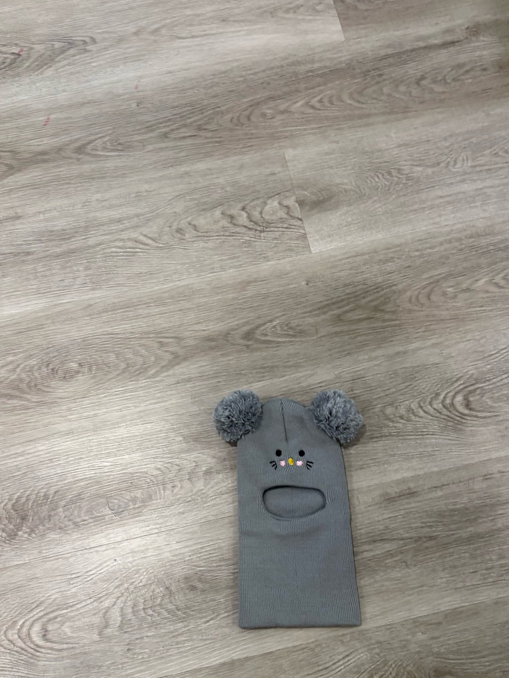 Gray Kids Pom-Pom Balaclava Hat with Embroidered Face